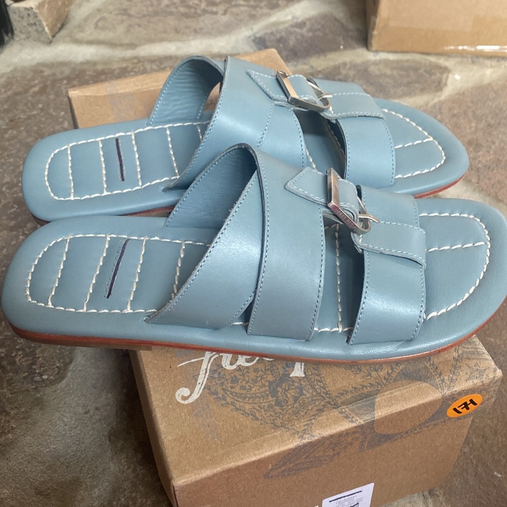 FREE PEOPLE Sloan Blue Buckle Leather Slides Sandals in Stormy Sea NIB - Picture 5 of 7